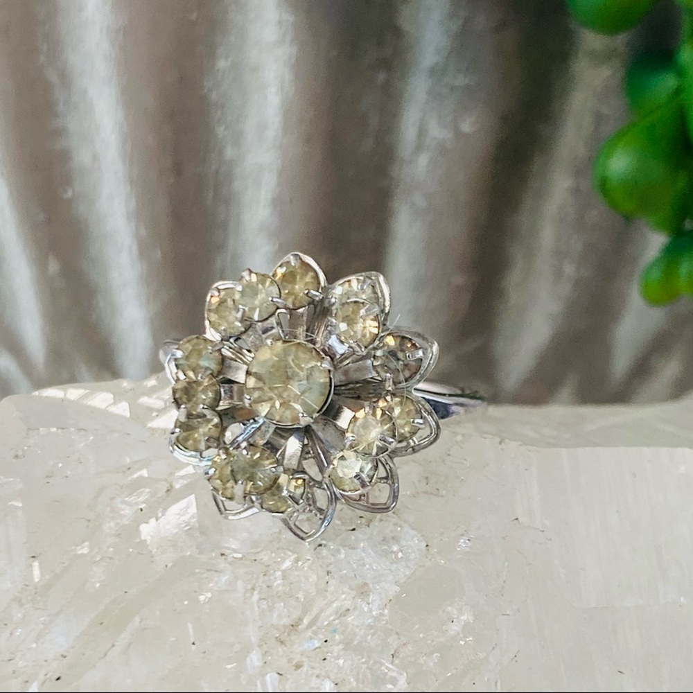 SOLD Vintage Rhinestone Flower Cocktail Ring Adjustable - Picture 2 of 13